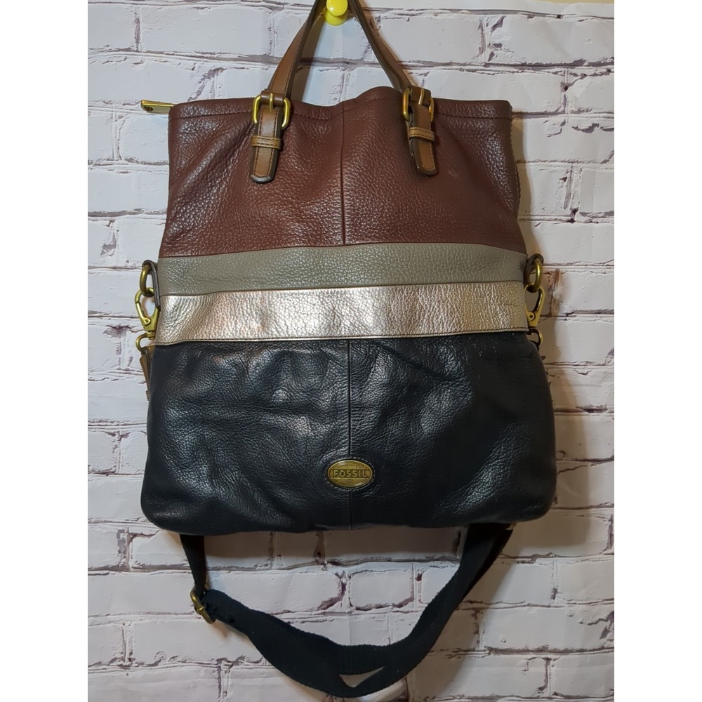 Fossil Explorer Soft‎ Leather Foldover Tote Crossbody Bag  LG 15" Blk/Br/Gold
